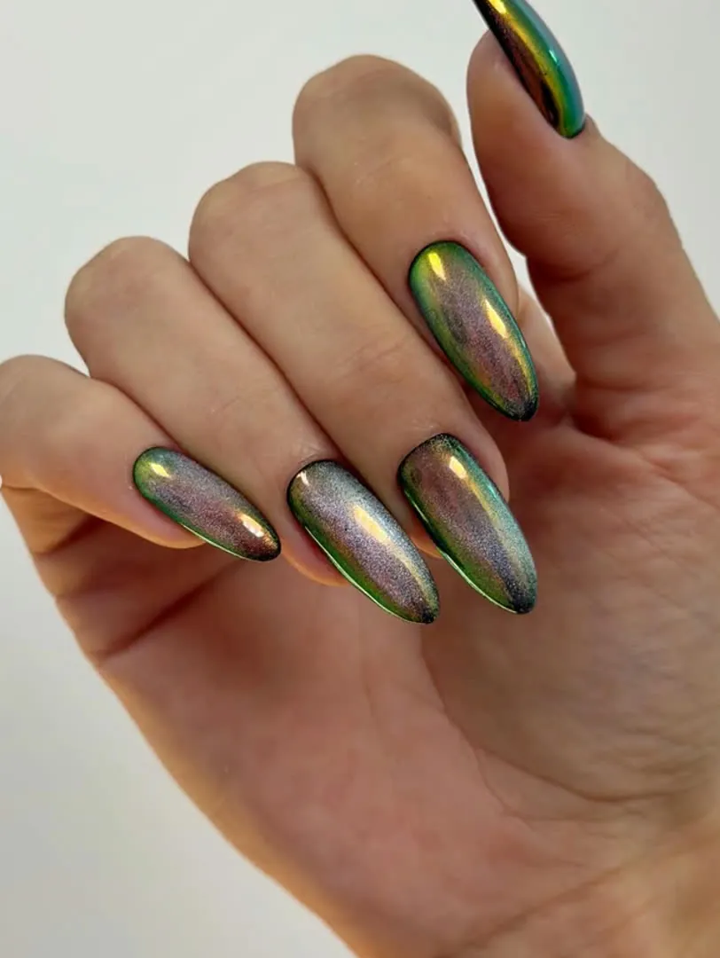 Oil-slick multichrome nails - View Spa Aventura